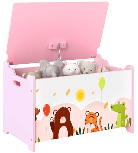 AIYAPLAY Caja de Almacenaje de Juguetes, Baúl Juguetes Infantil, Tapa Abatible con Cierre Suave, Asas, Estampados de Animales, para Libros, Ropa en Dormitorio, Sala de juegos, Guardería, Rosa