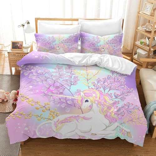 PQCXXA Einhorn Bettwäsche für Mädchen Kinder Atmungsaktiv Weiche Mikrofaser Bettwäsche mit Reißverschluss + 65x65 Kissenbezüge (Lila, 140x200cm)