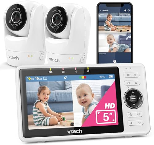 VTech baby monitor video smart Wi-Fi con 2 telecamere, videocamera FHD 1080p e schermo IPS HD da 5, rilevamento video e movimento, rilevamento suoni/movimenti, modalità schermo diviso: VM901-2W