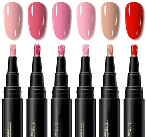6Pcs Nail Polish Pens - Pink Red Nude Nail Pens Polish Set - Quick Dry Nail Varnish Pens for Real Nails - No Need Base Coat Nail Art Pens for Women DIY Salon
