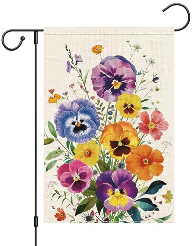 Wodison Bandera de jardín de flores de pensamiento de primavera y verano, 12 x 18 pulgadas, arpillera de doble cara, letrero floral de temporada para patio, decoración del hogar y exteriores