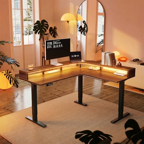 HUANUO L Shaped Electric Standing Desk with LED Strip & Power Outlets, 63 x 55 2-Tier Height Adjustable Sit Stand up Desk, Large Corner Gaming Desk with Power Strip Holder, Walnut
