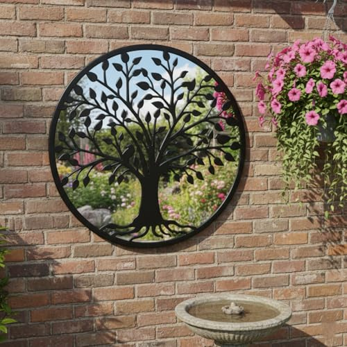 Biznest The Outdoor Living Collection Round Tree Of Life Mirror Black Finish Nature Art Frame Branch Design Wall Hanging Sculpture Gift Present Idea Rustic Home Decor Garden, Patio & Hallway (50 CM)