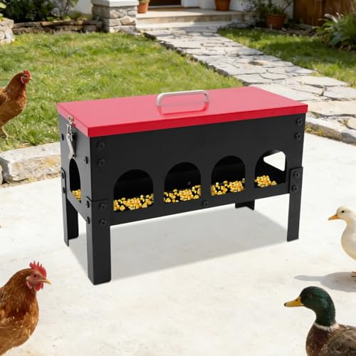 Comedero automático de pollos de 10 litros, alimentador automático de pollos, comedero de metal con 10 orificios de alimentación, para pollos, patos y gansos, 41 x 18 x 27 cm (negro)