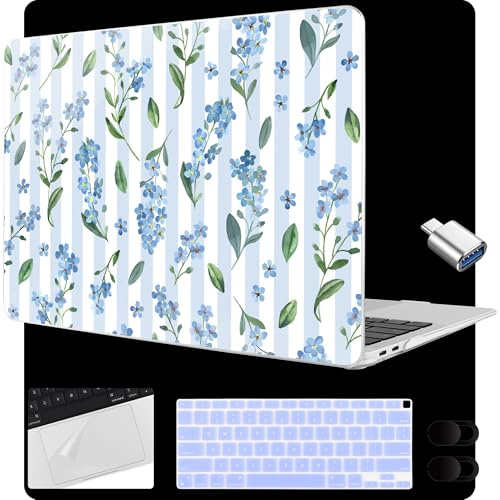 MEEgoodo Case for MacBook Air 13 inch (A2337 M1, A2179, A1932) 2021-2018 | Plastic Hard Shell Cases, Keyboard Cover, Camera Covers, Adapter, Trackpad protector cover,Blue Watercolor Flowers&Stripes