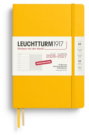 LEUCHTTURM1917 Veckokalender 2027 A5 med anteckningsbok, linjerad – möteskalender tyska, 18 månader juli 2026 – december 2027, solros, inbunden 210 x 145 mm, veckoöversikt vänster + anteckningssida