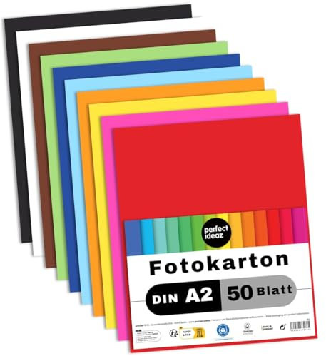 perfect ideaz 50 Blatt Fotokarton DIN-A2, 10 Farben, stabiler recycling Karton 300 g/m², Made in Germany, Blauer Engel zertifiziert