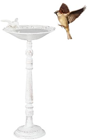 relaxdays Abreuvoir Oiseaux, Fonte de Fer, décoration Jardins, Style Antique, mangeoire sur Pied, 40 cm de Haut, Blanc
