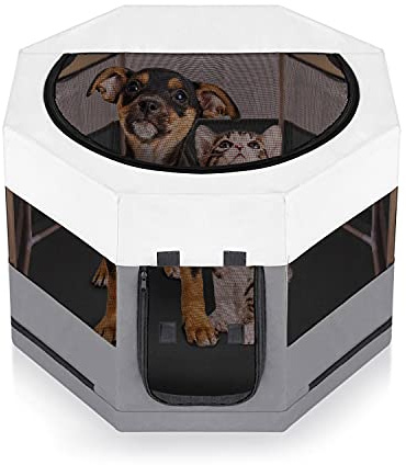 Meow&Woof Katzen-Laufstall für kleine Tiere, Holzrahmen, Katzenkäfig, Innenbereich, Kätzchen, Spielgehege Welpen, große Größe, stabile Struktur, langlebige Nutzung (88,9 cm breit, 21,5 hoch, Nebel)