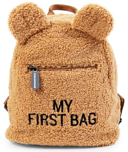 Childhome, Zaino per bambini, scuola, asilo nido, due scomparti, borsa per il pranzo/bottiglia di capacità adeguata, fibbia di sicurezza rimovibile, idrorepellente, La mia prima borsa, teddy beige