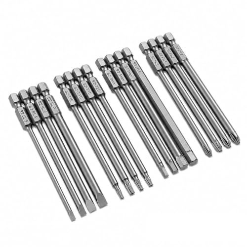 VESTTIO 4-in-1 Hex Phillips Slotted Security Torx Long Screwdriver Bits Set with Magnetic 16PCS 1/4 Inch Hex Shank 4 Inch/100 mm Length S2 Steel for Power Screwdriver Drill Impact Driver | Security Torx T8-T20, Phillips & Slotted, Engraved size marks, Impact-driver ready, Fits drills and drivers