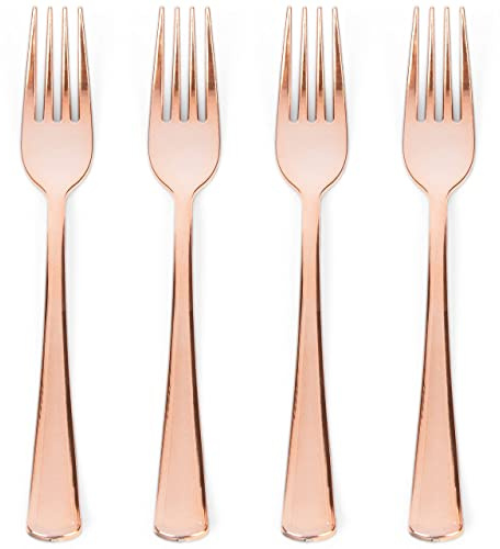 Prestee Set of 100 Rose Gold Plastic Forks Disposable - 7-in Heavy-Duty Fork Flatware - Bulk Pack Fancy Silverware - Sturdy Pink Cutlery for Weddings, Birthday Parties, Buffets, Catering and Events