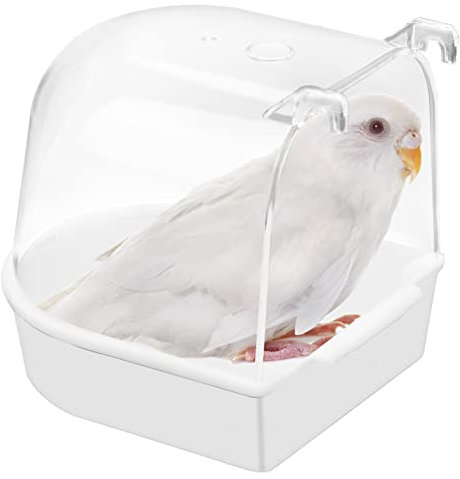 Xiumeso Vogel Badewanne,Papageien-Badewanne,hängende Badewanne Vogelkäfigzubehör mit Haken,Wasserdusche Transparente Box Futterautomaten Halter für kleine Vögel,Kanarienvögel,Wellensittiche (Weiß)