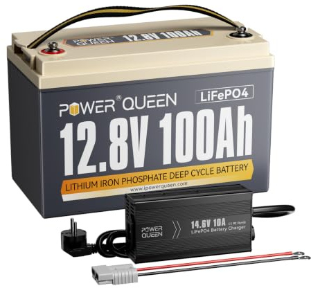 Power Queen 12V 100Ah Lithium-Batterie mit 12V 10A Ladegerät Bundle | 100A BMS, 15000+ Zyklen, 10 Jahre Lebensdauer,4P4S, Perfekt für Camping, Trollingmotor, Solar