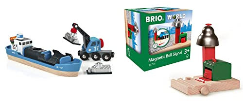 BRIO Bahn 33534 - Containerschiff mit Kranwagen & World 33754 Magnetisches Glockensignal - Eisenbahnzubehör Holzeisenbahn - Kleinkinderspielzeug empfohlen für Kinder ab 3 Jahren