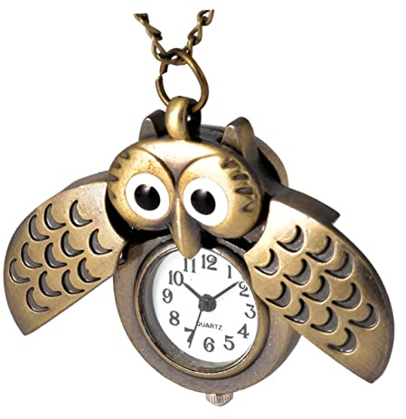 Mikikit Goldene Retro Eulen Taschenuhr mit Quarzwerk als Geschenk | Halbmond Design, Dekorative Optik, 1 Stück, Feine Legierung, Kunststoffdetails