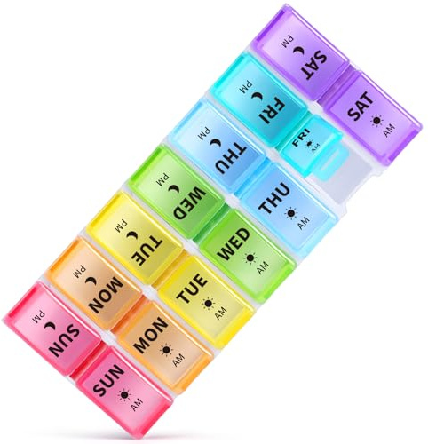 Opret Pill Box 7 Day 2 Times a Day, Small Removable Travel Tablet Organiser | Weekly Pill Organiser for AM PM, Portable, Compact, 14 Compartments, for Vitamins Supplements Medication, Multicolor
