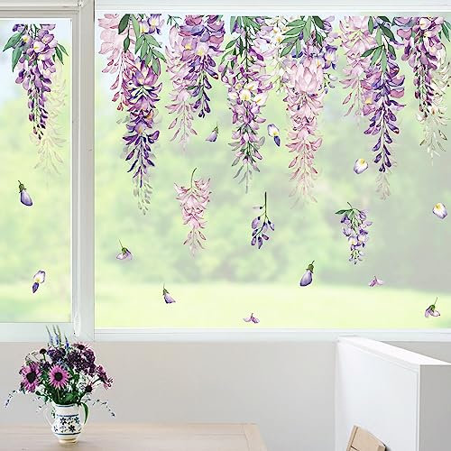 wondever Fenstersticker Hängende Blumen Rebe Fenster Aufkleber Lila Blumen Pflanzen Fensterbilder Fensteraufkleber Anti-Kollision Doppelseitig Glasaufkleber Glas Deko