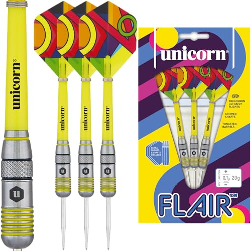 Unicorn Dart-Set | Flair | 80% natürliche Wolfram-Barrels mit schwarzen und gelben Akzenten & lasergeätztem U-Logo-Stempel | Stahlspitze | Extra Flights & Schäfte | 20 g, 21 g, 22 g, 23 g oder 24 g