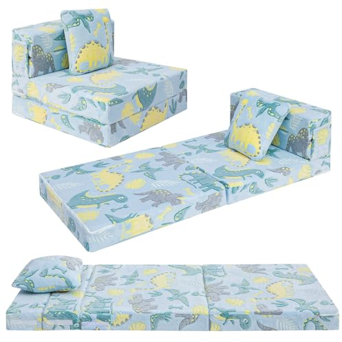 MeMoreCool Kinder-Sofabett, Kleinkind-Bodenmatratze, leuchtet im Dunkeln, modulares blaues Dinosaurier-Couch, zusammenklappbares Kindersofa, umwandelbare Futon-Klappmatratze, Stuhlbett für Spielzimmer