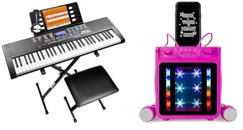 Rockjam 61-Key Keyboard Piano Kit with Keyboard Stand, Piano Bench, Headphones & 10-Watt Rechargeable Bluetooth Karaoke Machine with Two Microphones