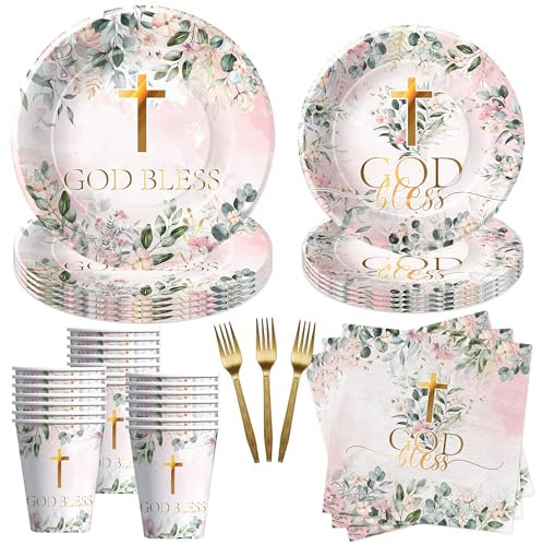 Suhelkit God Bless Baptism Decorations Tableware Girl - First Communion Decorations Supplies, Plate, Cup, Napkin, Fork, Baptism Plates And Napkins Set For Christening Baby Shower Religious | Serve 24