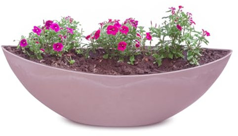 Pot de fleurs ovale pour l'extérieur - Grand bateau décoratif en vieux rose marbré - 39 cm - Jardinier pour jardin, balcon ou cimetière - Résistant aux intempéries
