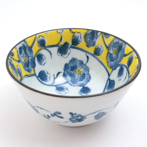 Japanische Reisschale, Durchmesser 11 cm, Olibeware, gelbe Pfingstrose, Gelb und Blau, Standardqualität