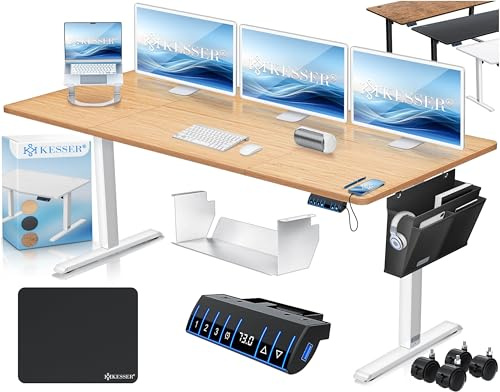 KESSER® höhenverstellbarer Schreibtisch elektrisch 180 x 80 cm, ergonomischer Steh-Sitz Tisch mit 3-Memory-Funktion, Stehtisch für Homeoffice, Inkl. Zubehör, USB-Ladeanschluss & 360° Rollen, Beige