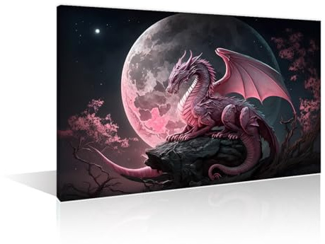 TISHIRON 1 Panels Pink Dragon Wall Painting Dragon in the Moonlight Prints for Wall Decor Colorful Dragon Art Prints Giclee Wooden Framed Gallery-Wrapped Ready to Hang 12 Wx18 H