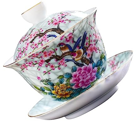 LABRIMP Teetasse Mit Deckel Und Untertasse Aus Keramik Dekorative Teeservice Mit Blumen Und Vogelmuster Geeignet Für Zuhause Und Teestube