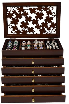 Dekltus Holz Schmuckkästchen, Schmuck-Organizer, 6 Ebenen Schmuckaufbewahrung Holz Große mit Schublade, Schmuckkoffer für Uhren, Ohrringe, Ringe (Braun)