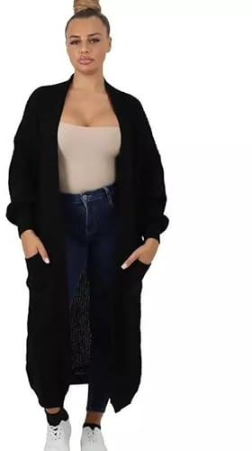 BESTITALIANUK Ladies Long Chunky Cardigan Maxi Oversized Balloon Sleeve Cardigan 2 Pocket Loose Fit Women Open Front Boyfriend Cardigans Top UK 6-22Black,6-22