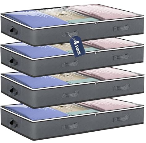Carehabi 4 Stück 75L Aufbewahrungstasche Unterbettkommode Unterbett Aufbewahrungsbox Kleiderschrank Organizer für Kleidung Decke Kissen Kleideraufbewahrung Organisation（100x50x15cm, Grau）