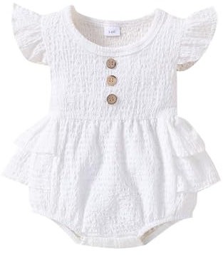 IQYU Baby Sachen Für Neugeborene Solide Baumwolle Leinen Strampler Neugeborenen Rüschen Taste Verziert Bodys Kleidung Baby Body Langarm 86 (White, 3-6 Months)