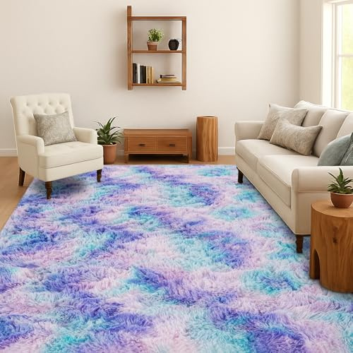 SOANNY Hochflor Teppich Wohnzimmer, Waschbar, Anti Rutsch, Flauschig, Tie-Dye Langflor Shaggy für Schlafzimmer Kinderzimmer, Bettvorleger Matte, 180 x 270 cm, Türkis Lila