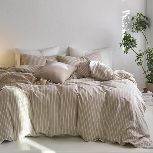 Sedefen Bettwäsche 200x220 cm Baumwolle Gestreift Khaki Weiß,Leinenoptik | Oeko-TEX zertifizierte,Baumwollbettwäsche,Renforce Bettwäsche für Allergiker,Bettbezug mit Reißverschluss 2 Kissenbezug 80x80