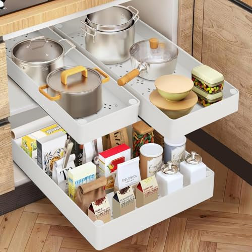 Cozary Organizzatore Cassetti Estraibili Cucina con Guide Silenziose – 3 Misure (13/18/27x40x7 cm), Installazione Senza Fori per Cucina/Bagno/Dispensa