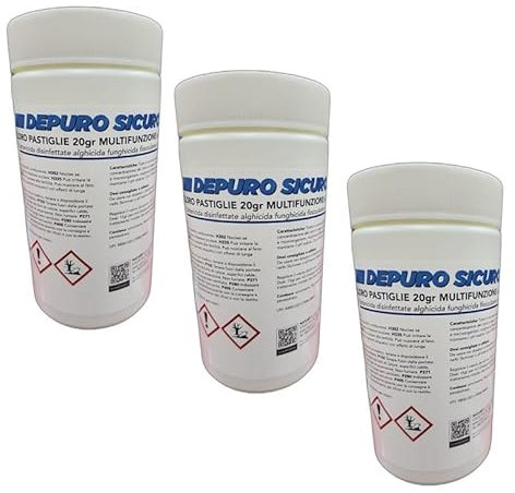 Naturii Cloro Multifunzione, Pastiglie 20 Grammi Cloro Polifunzione Dicloro, Battericida Alghicida, Flocculante, Schiarente, Fungicida per Acqua Piscina (Kg, 3)