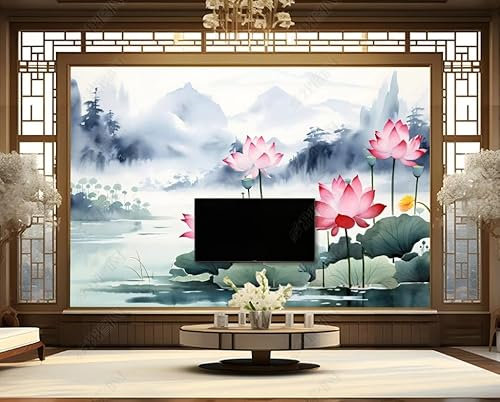 Papier Peint Intissé Style De Paysage À L'Encre De Lotus Poster Tableaux Muraux Tapisserie Photo Trompe L'Oeil Salon Chambre Art Mural 400Cm(L) X280Cm(H)