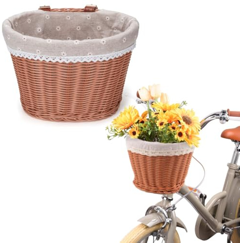 Zasvec Cesta Delantera Bicicleta 1 Pieza Cesta Mimbre Delantera Bicicleta Cesta Colgante Cesta Bicicleta Correas Cuero Ajustables Accesorios, Marrón
