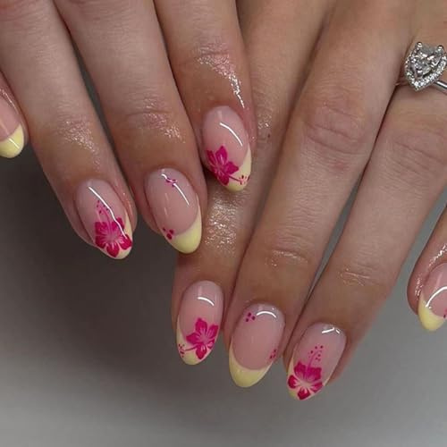 Auiremrti 24 Stück French Press on Nails,Kurze ovale künstliche Nägel mit Designs,Rotes Hawaii-Blumenmuster,Sommer-Klebernägel,Mandelförmige Acryl-Kunstnägel