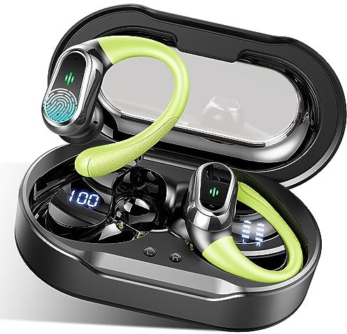 Cuffie Bluetooth Sport, Auricolari Bluetooth 5.3 HiFi Stereo, 50 Ore Cuffie Wireless con ENC Riduzione del Rumore Mic, IP7 Impermeabili, Cuffiette Senza fili con Display LED, Verde Chiaro