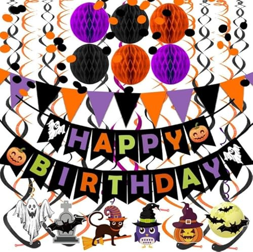 Hitchuey Geburtstagsdeko Halloween Set, 45-teilig Buchstabenbanner, Wirbelhaken, Wabenbälle, Fledermäuse und Kürbis Dekoballons, Zubehör für Halloween Party und Geburtstagsfeier