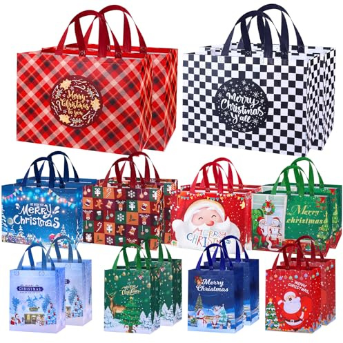 20 Stück Geschenktüten Weihnachten Groß, wiederverwendbar mit Henkeln. Enthält 4 XL, 8 L und 8 M Taschen aus Vliesstoff. Ideal für Geschenke, Weihnachtsfeiern und Partys.