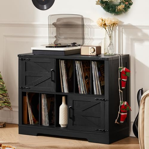 LELELINKY Record Player Stand with Storage, 1m Farmhouse Vinyl Cabinet | Farmhouse Barn Door Design, 6 Open Compartments + 2 Cabinets, Holds up to 300 Albums, 100 x 40 x 76 cm,Black