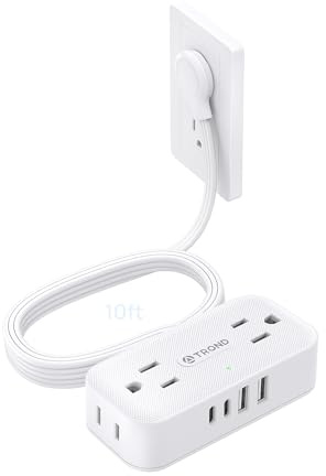 TROND Flat Plug Power Strip 10FT, Small Flat Extension Cord with Multiple Outlets, 4 AC and 4 USB Ports (2 USB C), Wall Mount Outlet Extender Adapter for Home Office Travel Dorm Room Essentials, White