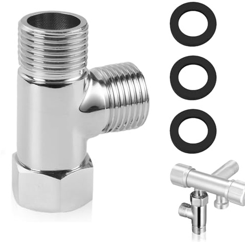 SANTUO 3 Way T Shape Adapter G1/2 Brass Shower Diverter Valve Rust-Resistant Construction with 3 Washers, Perfect Splitter for Installing Handheld Bidet Sprayers and Shower Accessories