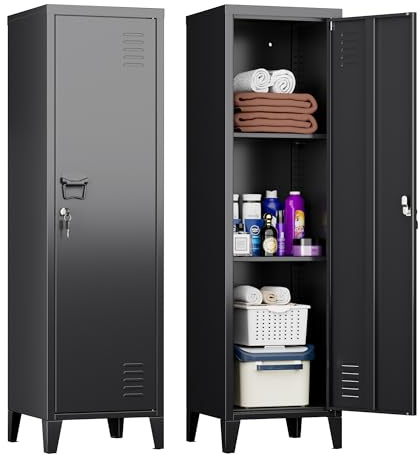 LOCENHU Metallschrank mit Belüftungsöffnung, Metallschrank mit 2 Regalböden, Geeignet für Schule, Büro und Zuhause, Größe: H135 x B38 x T38 cm, Muss Zusammengebaut Werden, Schwarz