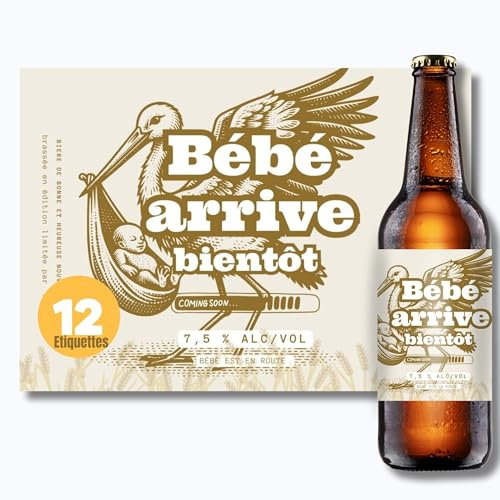 Confezione da 12 etichette per birra, annuncio di gravidanza, adesivi per bottiglia Baby Arrive – Regalo a sorpresa futuro papà, nonno, famiglia – Idea originale genitore Reveal & Nascita – Umorismo